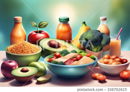 Healthy food background with fresh fruits and vegetables. Generative AI 108702625