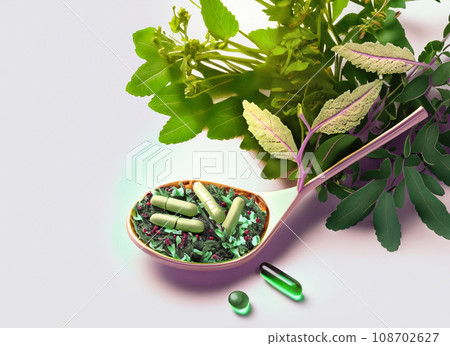 Herbal medicine in spoon with green leaves and pills on white background. Generative AI 108702627