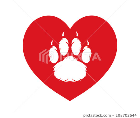 Dog paw footprint in heart. Vector. Love Dogs. Animals, Pets, Puppies, Kittens, Cats . Red heart with dog white paw print inside. Symbol of love. Postcard, emblem, icon, print, cover, sticker, t shirt 108702644