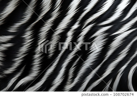 Zebra fur texture. Striped black white fluffy zebra fur. Close-up. Copy space. Soft cozy wool. Warm blanket, carpet, rug, bedspread. Template. Print, backdrop, textile, cover, notebook, stationery 108702674
