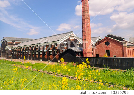 京都市伏見區清酒釀酒廠的照片，油菜花盛開，預示著春天的到來。 108702991