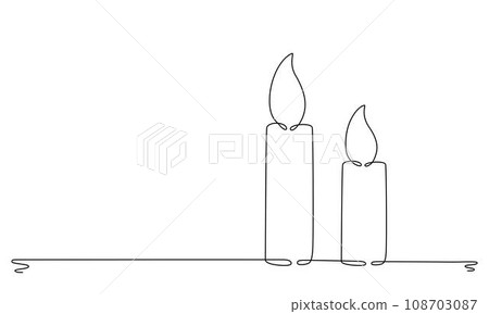 Christmas candle with burning flame. One continuous single line hand drawing art. Vector stock illustration isolated on white background for design template greeting card, invitation. Editable stroke. 108703087