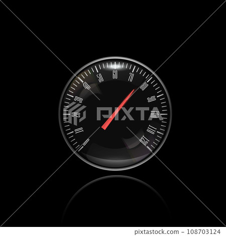 Speed level indicator. Round black car dashboard 3d device. Vector illustration on black background 108703124