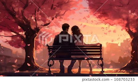 Couple lovers on bench in park, under tree. Valentine's day illustration Couple lovers on bench in park, under tree. Valentine's day illustration 108703233