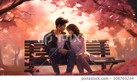 Couple lovers on bench in park, under tree. Valentine's day illustration Couple lovers on bench in park, under tree. Valentine's day illustration 108703234