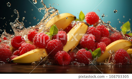 Bananas and raspberries with water drops, generative ai 108703305