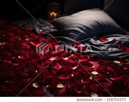 AI generation. Romantic Valentines Day background with bed with red linens, rose petals and candles. 108703375
