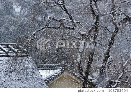 Snow falls on the thatched roof 108703404