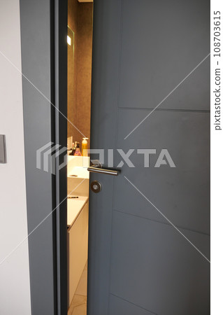 gray bathroom door slightly open . 108703615