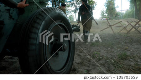 Group Of Re-enactors Dressed As Russian Soviet Red Army Infantry 108703659