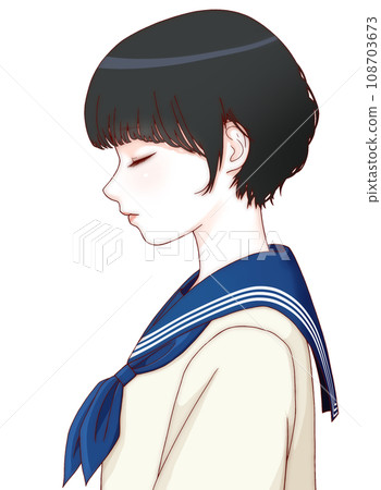 [Refined version] Color illustration of a female student looking sideways with her eyes closed, short hair, ribbon = navy blue 108703673