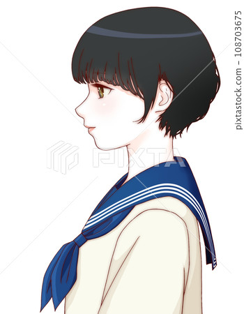 【精緻版】微笑女學生側身彩色插畫、短髮、緞帶=藏青色 108703675