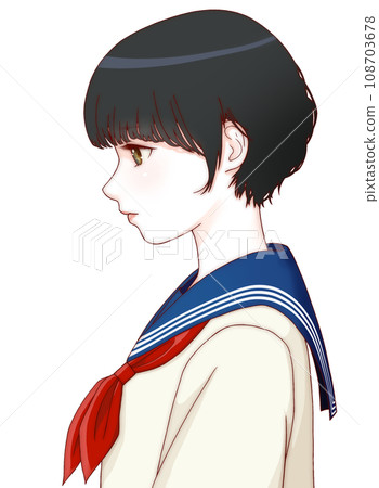 【精煉版】女學生低頭側視彩色插畫，短髮，緞帶=紅色 108703678