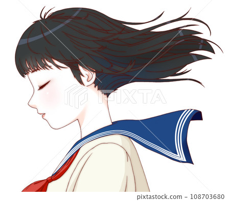 【精煉版】女學生側身閉眼、頭髮隨風飄揚的彩色插畫。長髮。絲帶=紅色。 108703680