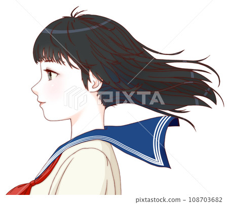 【精緻版】彩色插圖，微笑的女學生側身看，頭髮隨風飄揚。長髮。絲帶=紅色。 108703682