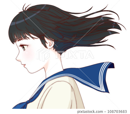 【精緻版】側身側視、頭髮隨風飄揚的女學生彩色插畫。長髮、緞帶=藏青色。 108703683
