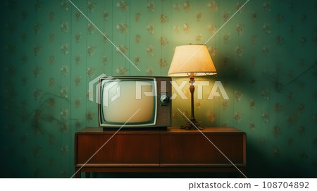 old retro TV and vintage electric lamp by wall, television set and old-fashioned furniture 108704892