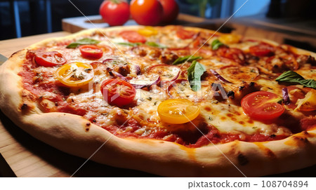 fresh baked italian pizza with tomato and cheese, rustic style fresh baked italian pizza with tomato and cheese, rustic style 108704894