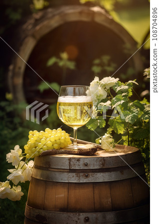 glass with white wine on grape ripe farm background, winery concept 108704896