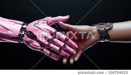 handshake of cyborg robot and human, robotic arm shaking hand of man friendship of humanity and technology 108704928
