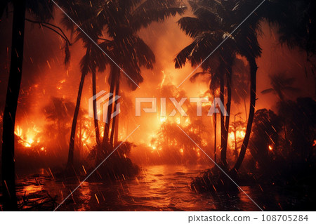 Fire and storm in rainy forest at night Fire and storm in rainy forest at night 108705284