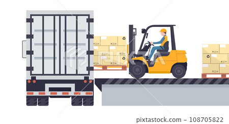 Worker driving a forklift loading a pallet with stacked boxes to a refrigerator truck. Industrial storage and distribution of products 108705822