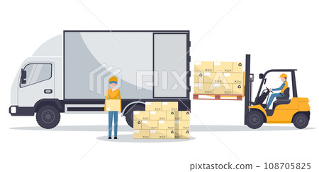 Worker driving a forklift loading a pallet with stacked boxes to a refrigerator truck. Industrial storage and distribution of products 108705825
