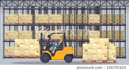 Industrial warehouse for the storage of export products with boxes and racks with stacked boxes. Worker driving forklift loading pallets. Industrial storage and distribution of products 108705826