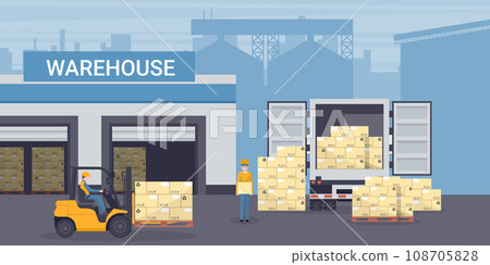 Industrial warehouse for the storage of products with racks with stacked boxes. Worker driving forklift loading pallets a refrigerator truck. Industrial storage and distribution of products 108705828