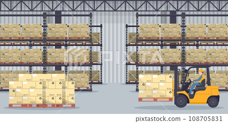 Industrial warehouse for the storage products and racks with stacked boxes. Worker driving forklift loading pallets. Industrial storage and distribution of products Industrial warehouse for the storage products and racks with stacked boxes. Worker driving forklift loading pallets. Industrial storage and distribution of products 108705831