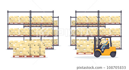 Rack with pallet with boxes for the storage of products in an industrial warehouse. Worker driving forklift loading pallets. Industrial storage and distribution of products 108705833