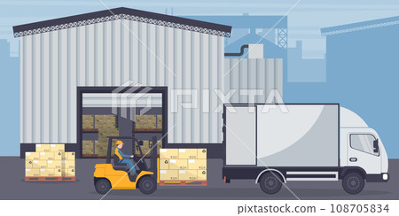 Industrial warehouse for the storage of products. Worker driving forklift loading pallets to refrigerator truck. Industrial storage and distribution of products 108705834