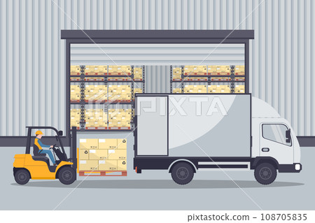 Industrial warehouse for the storage of products. Worker driving forklift loading pallets to refrigerator truck. Industrial storage and distribution of products 108705835