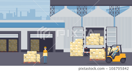 Forklift unloading pallet from cargo container or refrigerated truck to an industrial warehouse. Industrial storage and distribution of products 108705842