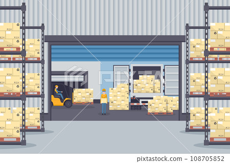 Industrial warehouse for the storage of products with metal racks and shelves for pallet support. Forklift trucks unloading from refrigerated truck. Industrial storage and distribution of products 108705852