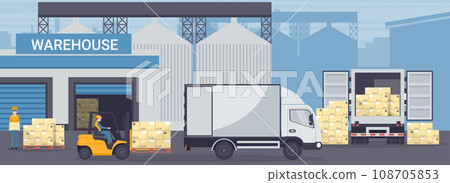 Forklift unloading pallet from cargo container or refrigerated truck to an industrial warehouse. Industrial storage and distribution of products 108705853