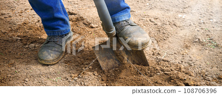 Leg with a shovel. Man digging 108706396