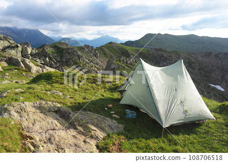 Overnight in a tent in the Alps in France Overnight in a tent in the Alps in France 108706518