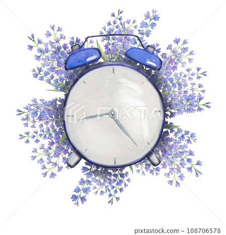 Vintage clock with lavender flowers, watercolor Vintage clock with lavender flowers, watercolor 108706578