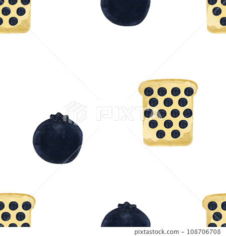 Hand drawn watercolor seamless food pattern, berry toast with bruschetta and blueberries, food illustration on white background. Healthy breakfast Hand drawn watercolor seamless food pattern, berry toast with bruschetta and blueberries, food illustration on white background. Healthy breakfast 108706708