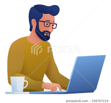 Man Using Laptop Computer Cartoon Illustration Man Using Laptop Computer Cartoon Illustration 108707224