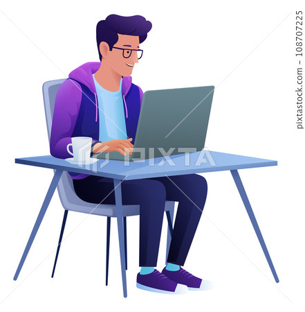 Man Using Laptop Computer Cartoon Illustration 108707225