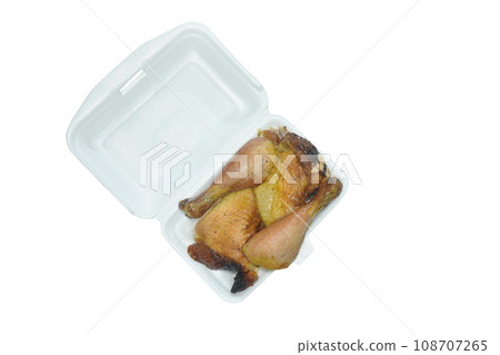 roasted chicken in foam box packing on white background roasted chicken in foam box packing on white background 108707265