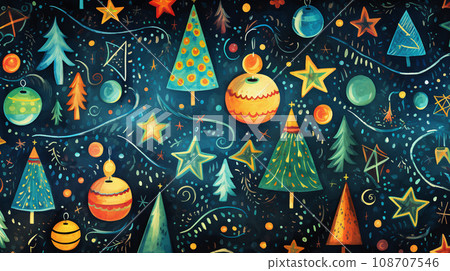 Illustration of Christmas wonder. colored ornaments and stars twinkle against a blue background - Generative AI Illustration of Christmas wonder. colored ornaments and stars twinkle against a blue background - Generative AI 108707546