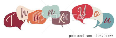 Colored speech bubble with inside letters forming the text -Thank You- Teamwork. Gratitude message between colleagues or friends. Appreciation. Concept of person who is grateful. Thankful 108707566