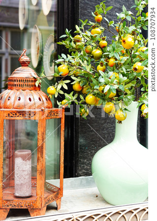 Close-up of an antique candle lamp and a vase with wild berry decorations Close-up of an antique candle lamp and a vase with wild berry decorations 108707934