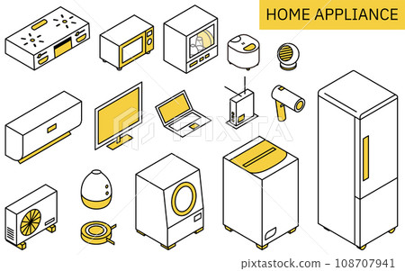 Illustration of home appliances necessary for new life, simple isometric Illustration of home appliances necessary for new life, simple isometric 108707941