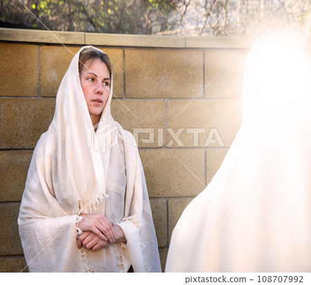 A woman in ancient clothes speak with friend A woman in ancient clothes speak with friend 108707992