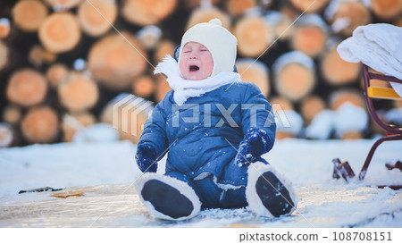 A little baby is crying sitting in the snow. A little baby is crying sitting in the snow. 108708151