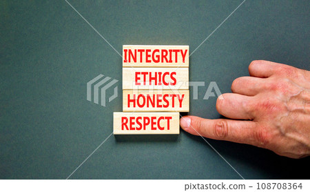 Integrity ethics honesty respect symbol. Concept word Integrity Ethics Honesty Respect on block. Beautiful grey background. Businessman hand. Business integrity ethics honesty respect concept. Integrity ethics honesty respect symbol. Concept word Integrity Ethics Honesty Respect on block. Beautiful grey background. Businessman hand. Business integrity ethics honesty respect concept. 108708364